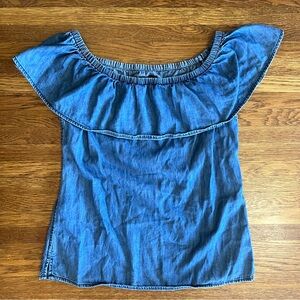 Chambray denim poet peasant top XS cottagecore shoulder ruffle WHBM